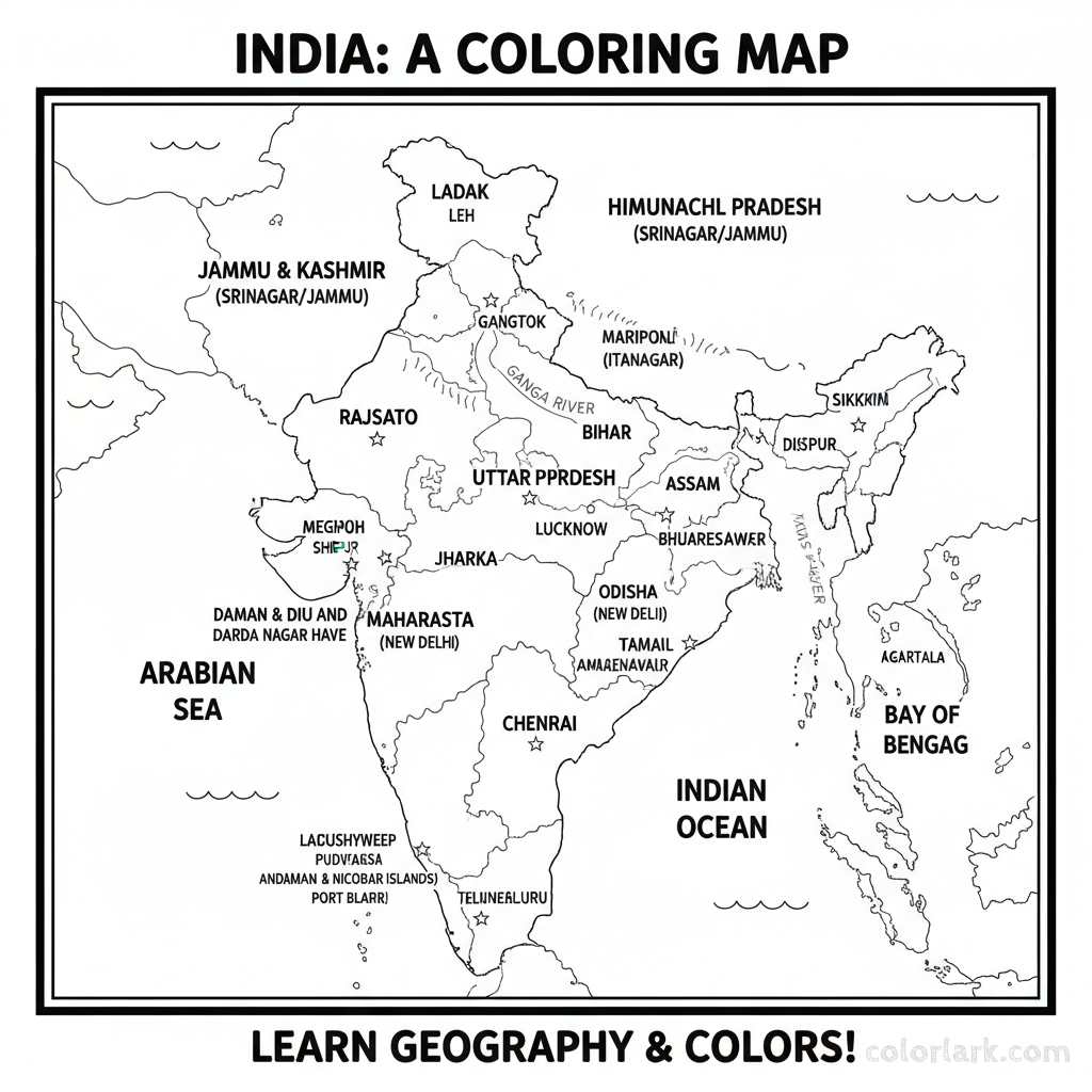 Black and white line art coloring page of India's political map showing all states, union territories, and their capital cities.
