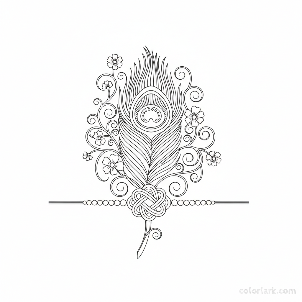 Black and white line art of a highly detailed peacock feather Rakhi with fine textures for expert coloring.