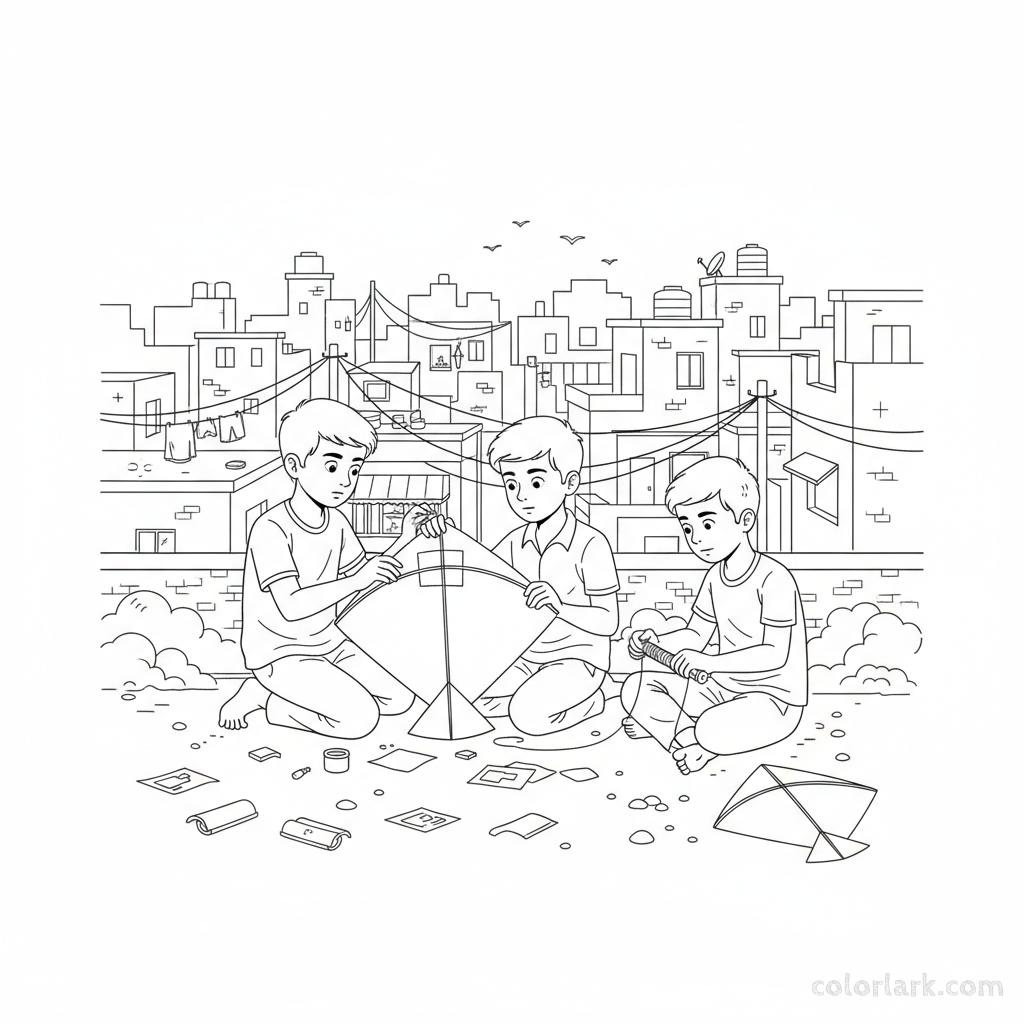 Line art of Indian boys fixing kites on a dusty Indian city rooftop, in a detailed scene, for coloring.