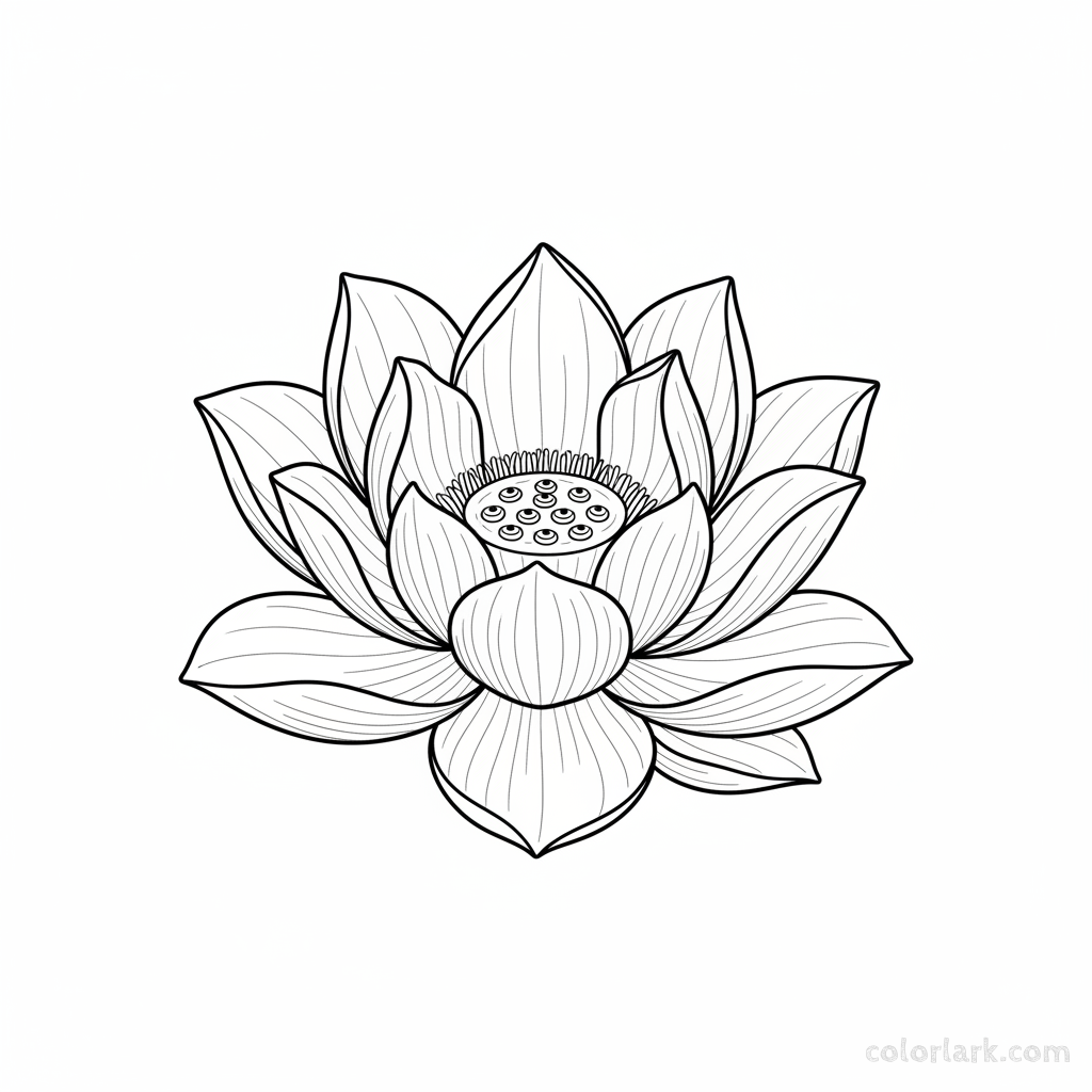 Black and white line art of a detailed single lotus flower, showing each petal and central elements.