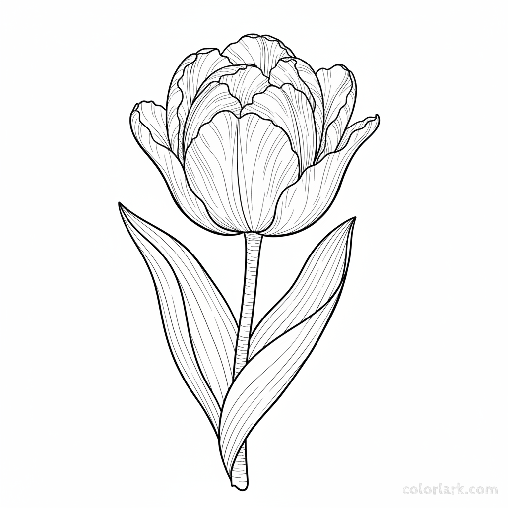Line art illustration of a single detailed tulip bloom with intricate petals