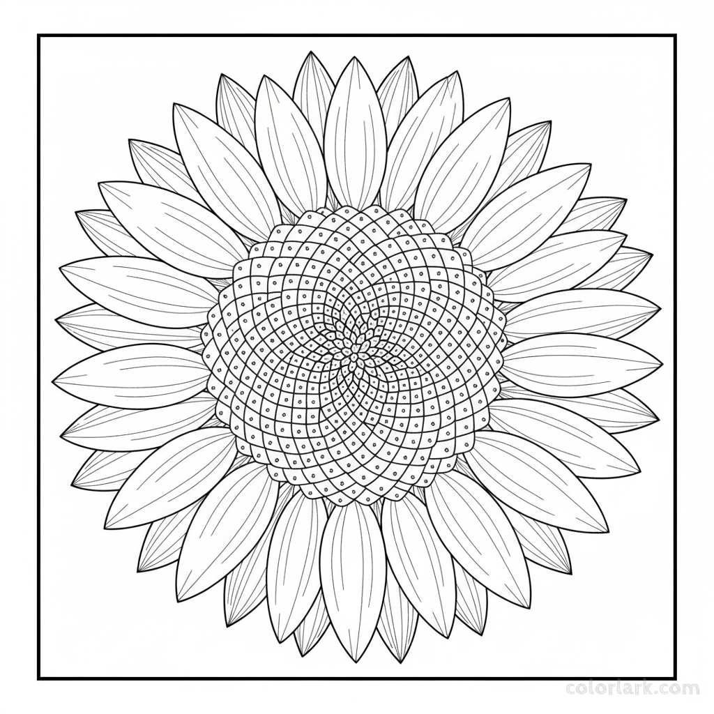Detailed black and white line art showing close-up of sunflower petals and seed patterns