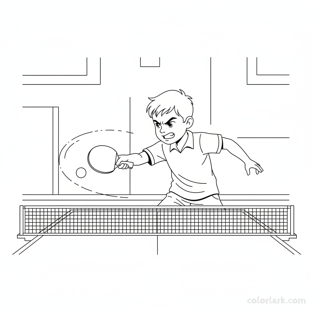 Line art of a determined boy learning to rally with backhand shots in table tennis.
