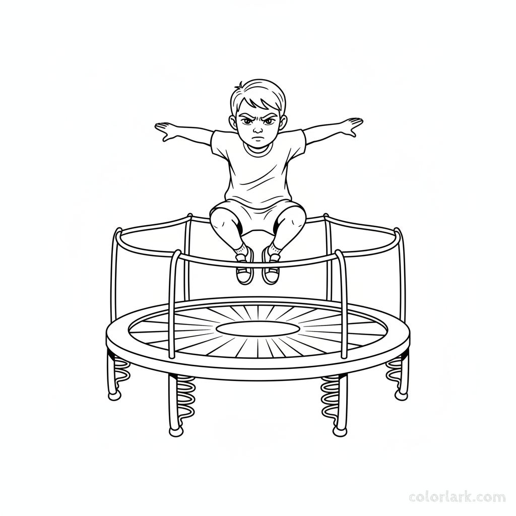 Black and white line art of a determined child concentrating on their trampoline jumps at a kids fitness center.