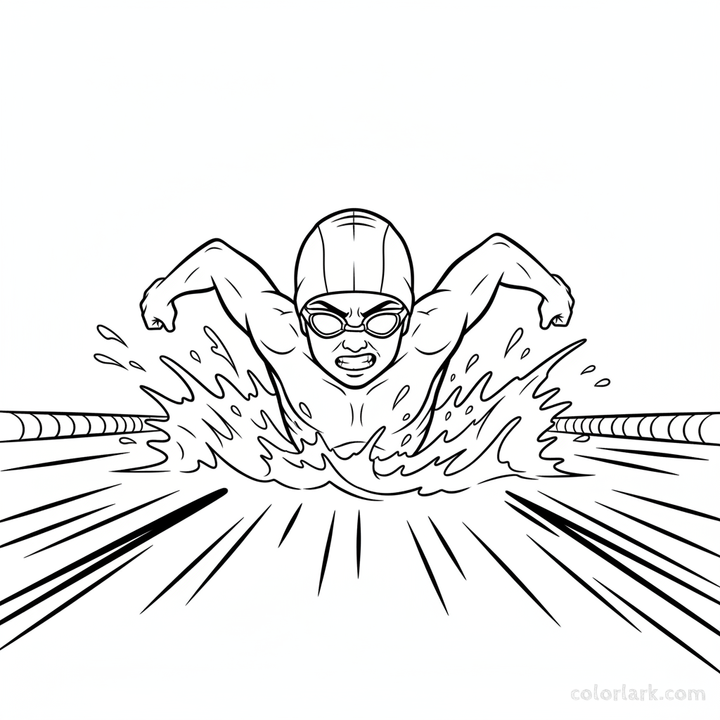 Black and white line art of a determined child practicing sprint freestyle in a pool, wearing a swim cap and goggles.