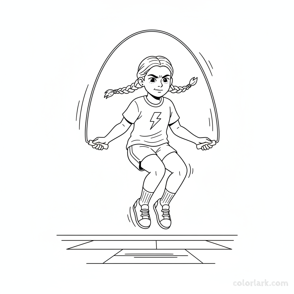 Line art of a determined girl skipping rope challenge outdoors
