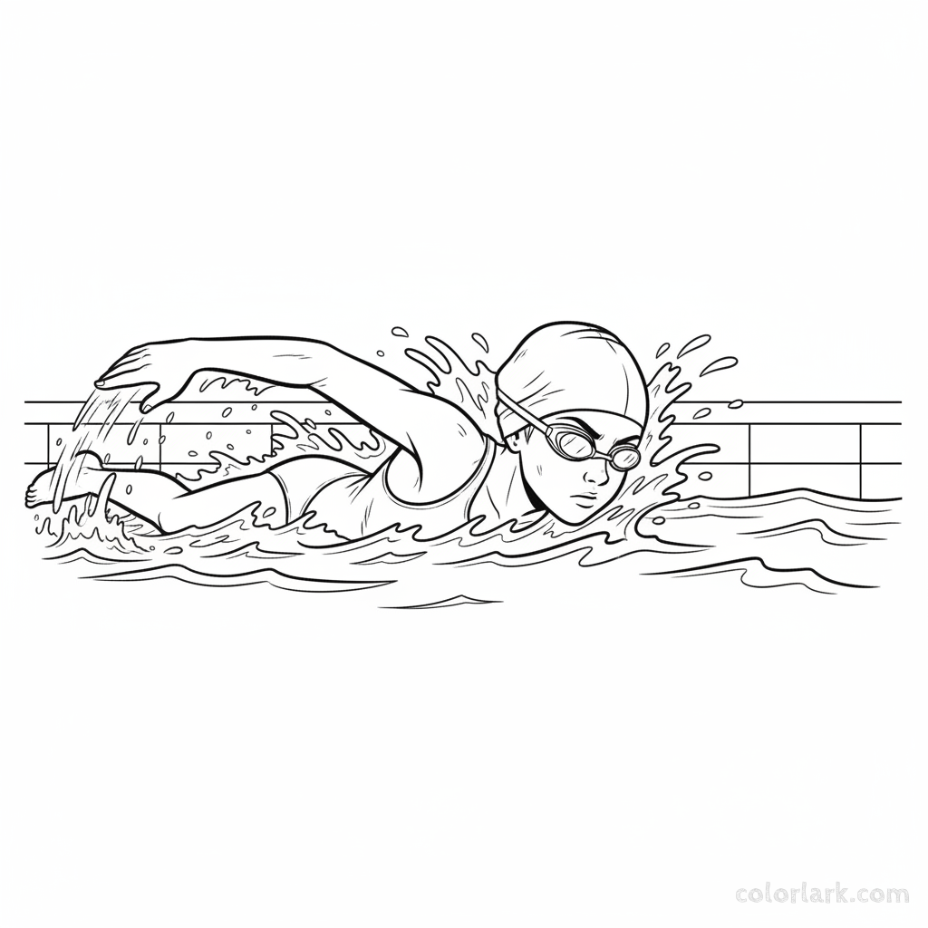 Black and white line art of a determined girl swimming freestyle in a pool, wearing a swim cap and goggles.