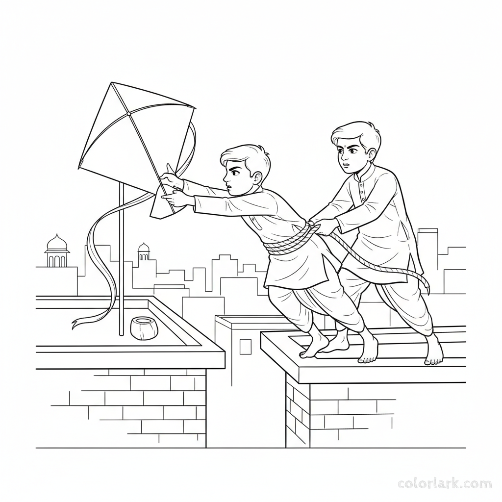 Line art of determined Indian boys retrieving a trapped kite from an Indian nearby city rooftop, for coloring.