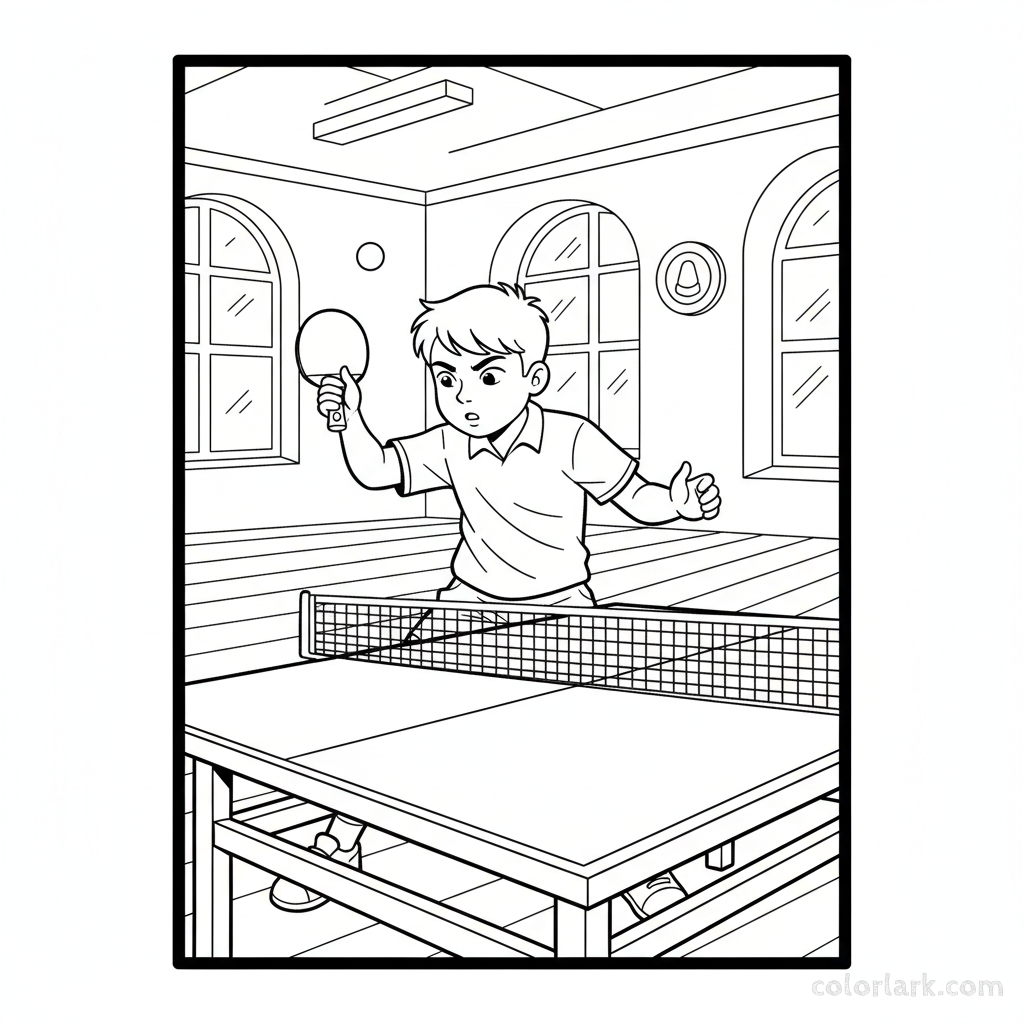 Line art of a determined young boy practicing a table tennis backhand loop.