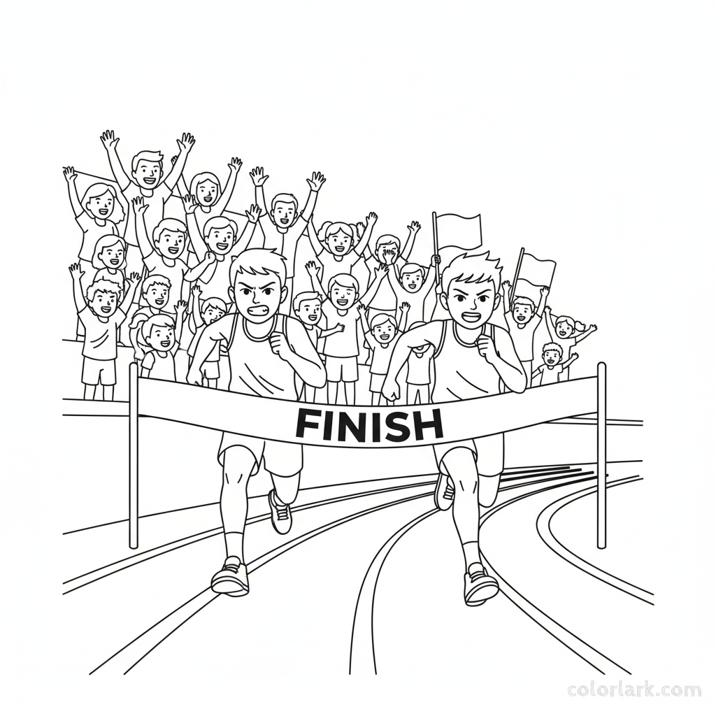 Line art of determined kid runners sprinting towards a finish line with a cheering crowd