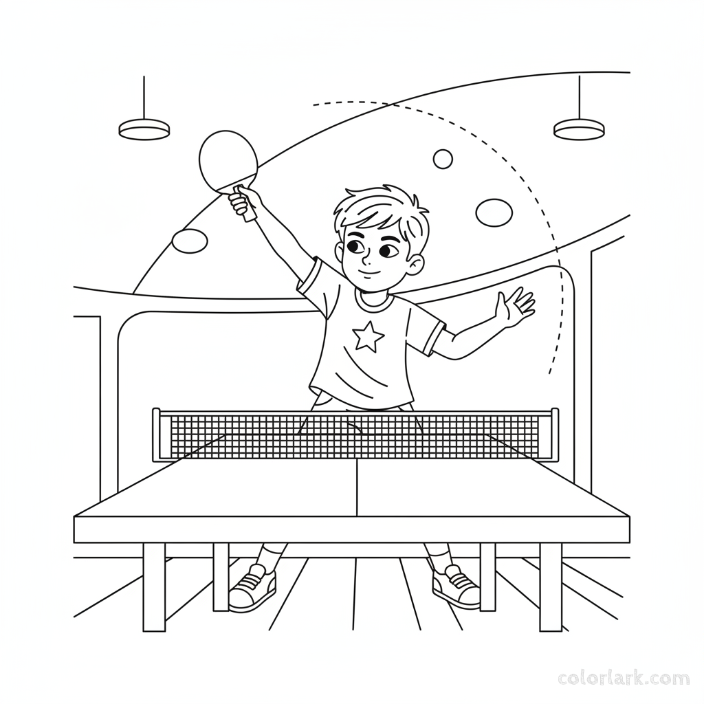 Line art of a determined kid's forehand loop follow-through in table tennis.