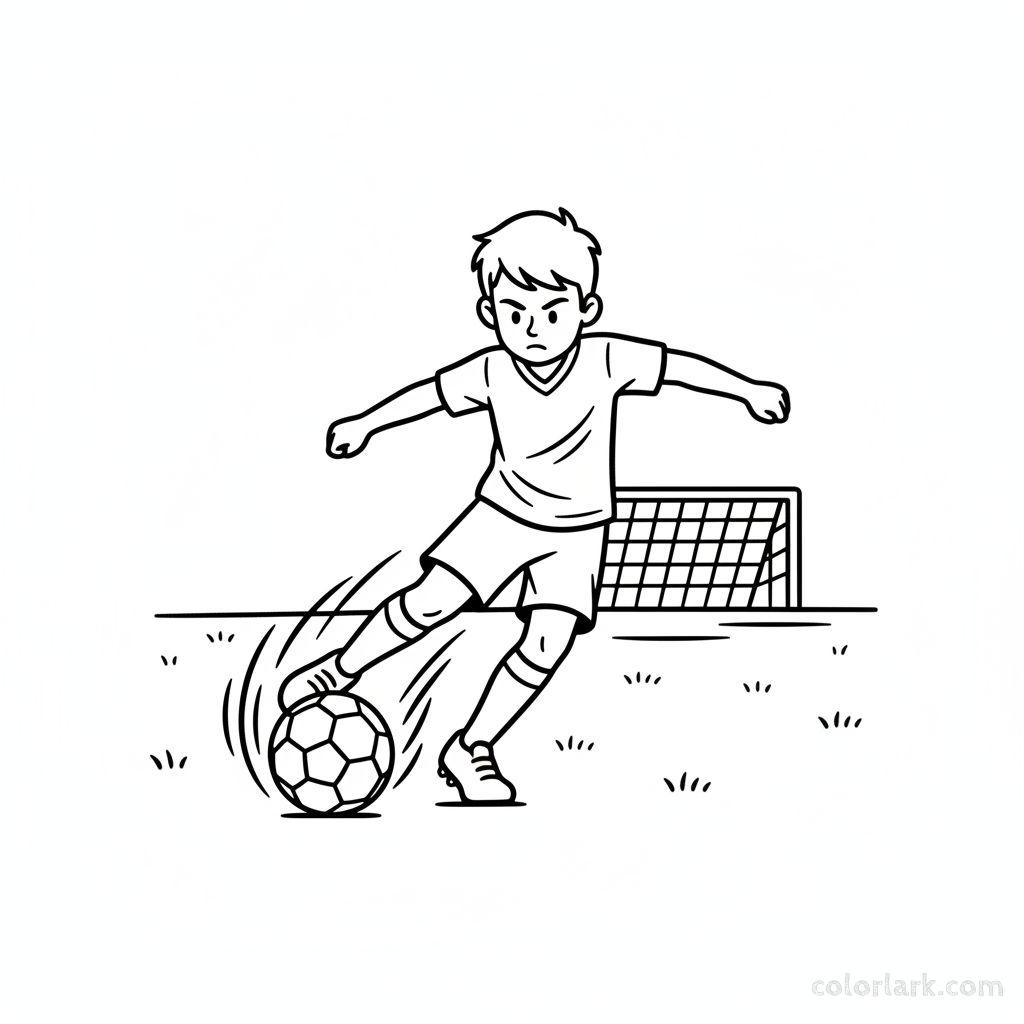 Line art of a young boy footballer powerfully kicking a soccer ball on a field.