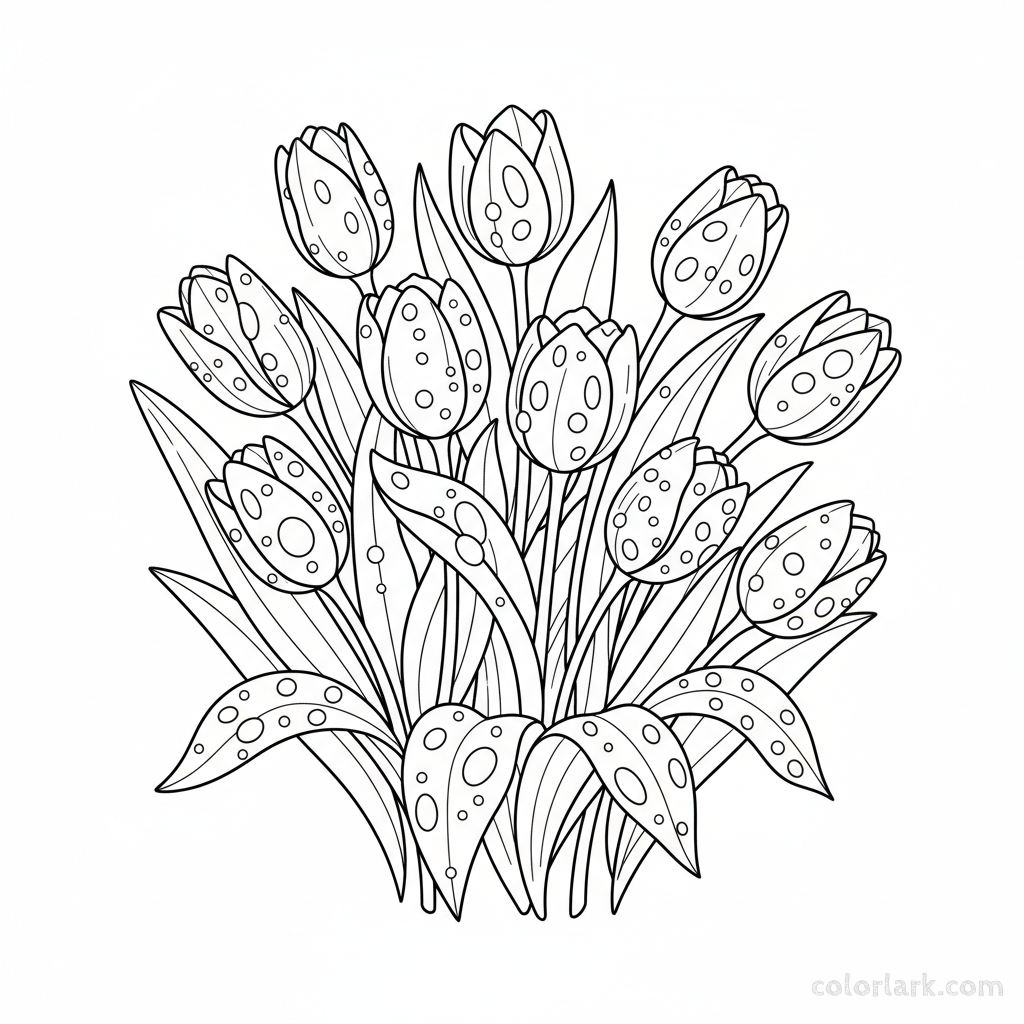 Line art illustration of tulips covered in delicate dew drops, conveying morning freshness