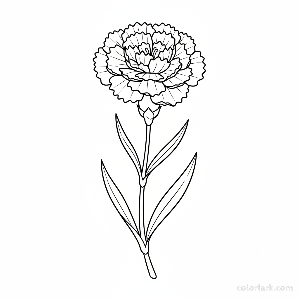 Black and white line art of a simple dianthus (carnation) flower with ruffled, fringed petals on a slender stem with long, narrow leaves.