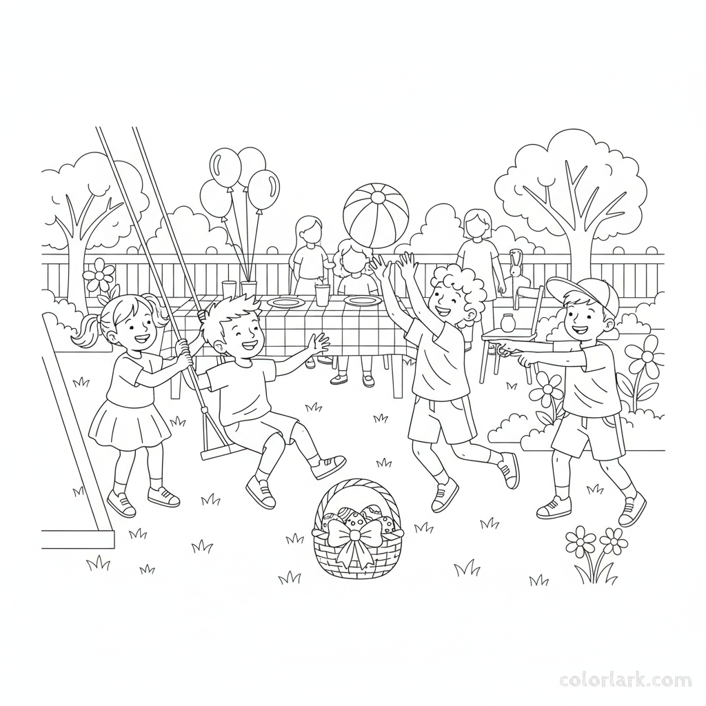 Black and white line art of a diverse group of children happily playing together at an outdoor Easter family gathering.