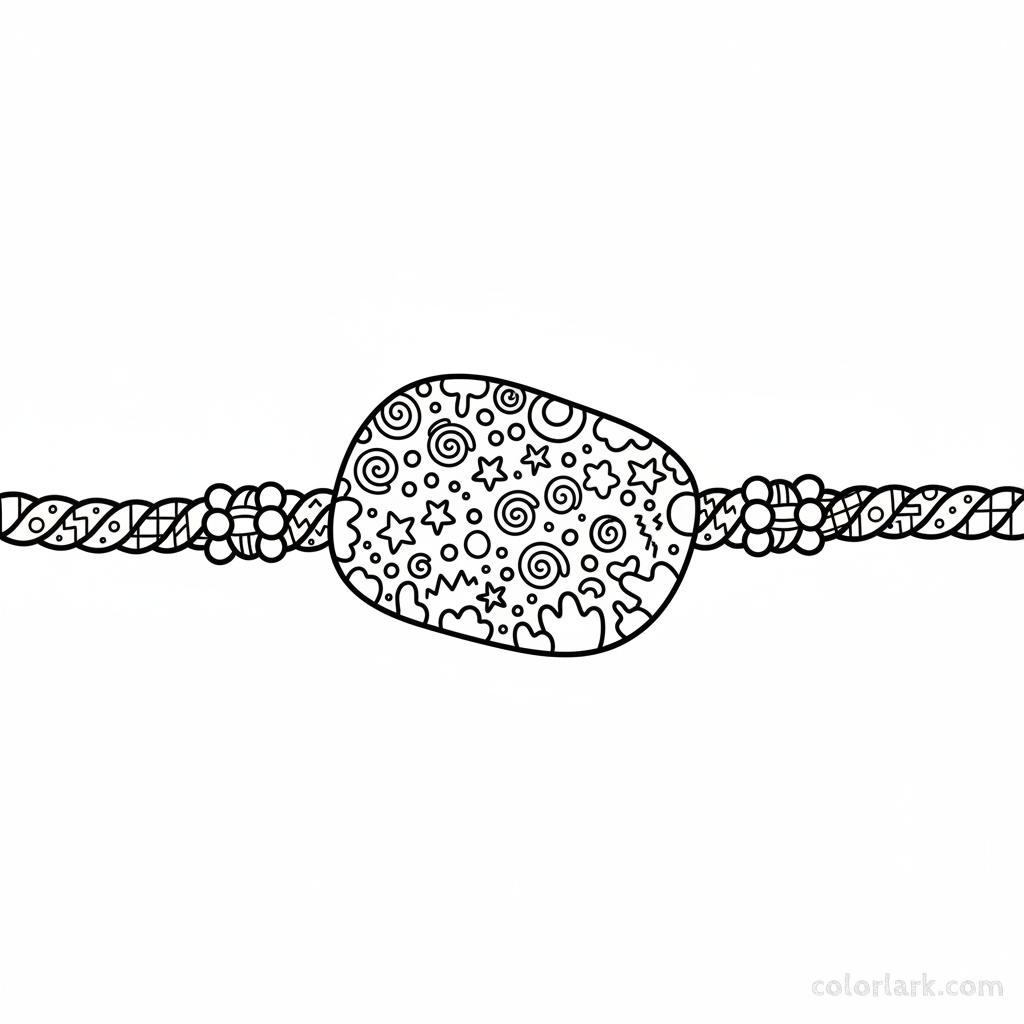 Black and white line art of a doodle art style Rakhi with whimsical patterns and abstract figures for creative coloring.