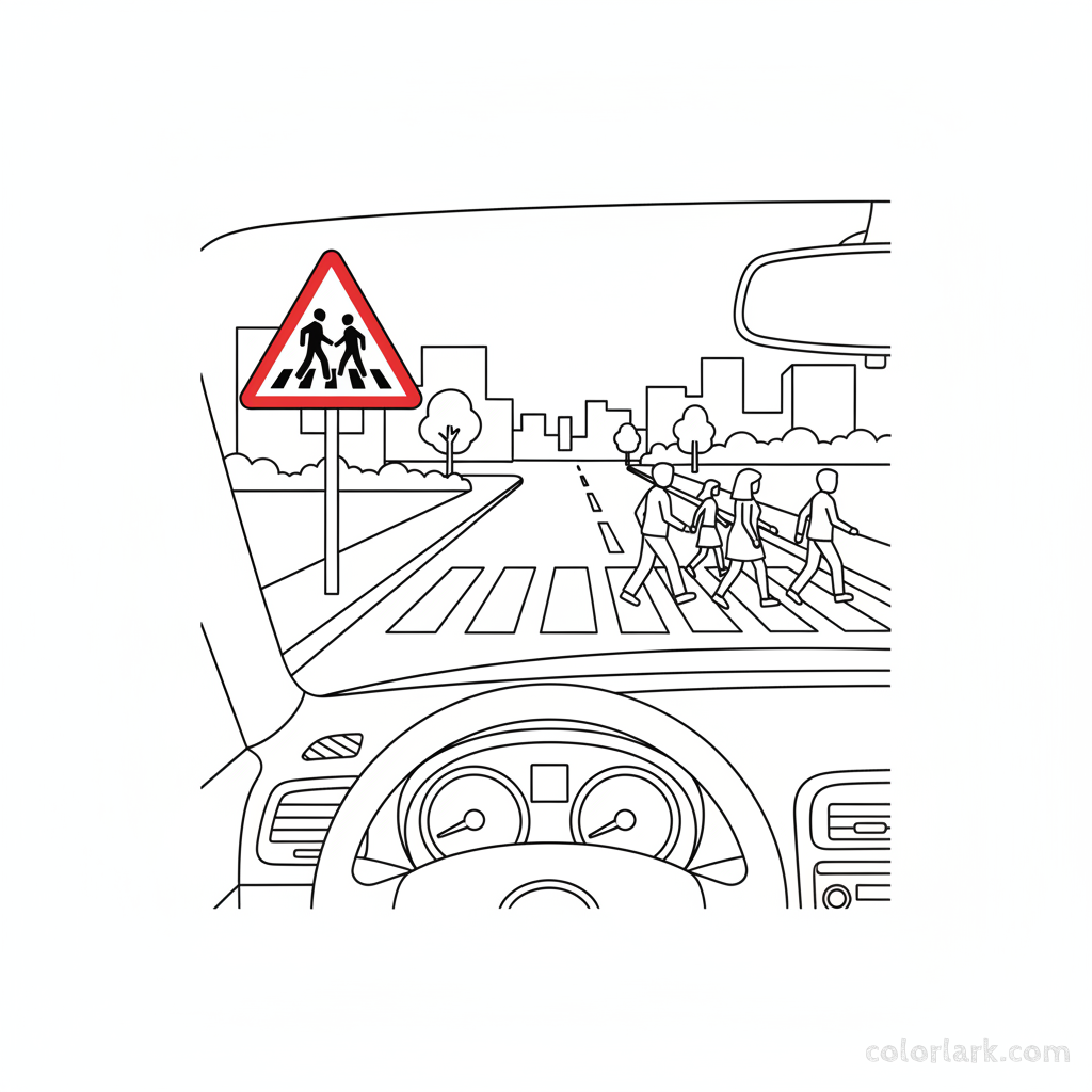 Black and white line art from a car driver's view, showing an Indian pedestrian crossing warning sign and pedestrians.