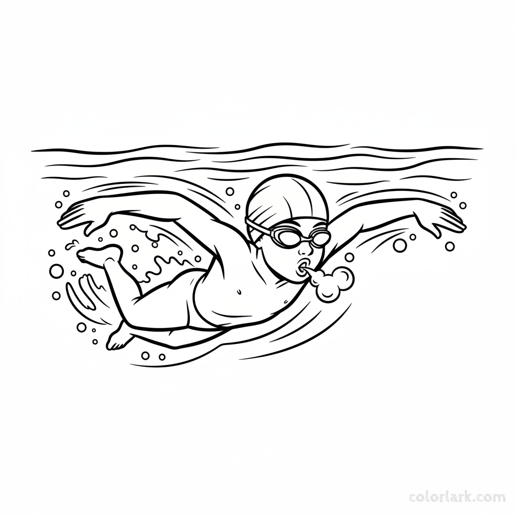 Black and white line art of a dynamic child swimming freestyle with bubbles in a pool, wearing a swim cap and goggles.