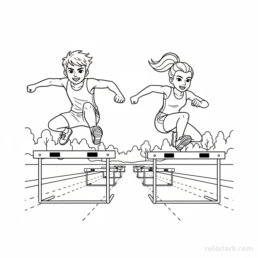 Black and white line art of a dynamic duo, a boy and a girl, engaged in hurdle training on an athletics field.