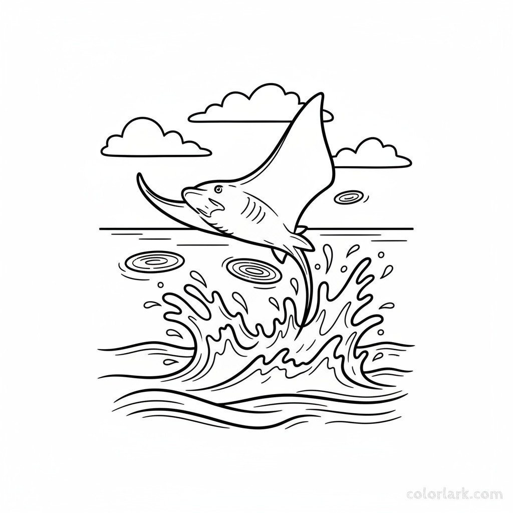 Black and white line art of a dynamic eagle ray leaping out of the ocean water, with splashes, ready for coloring.