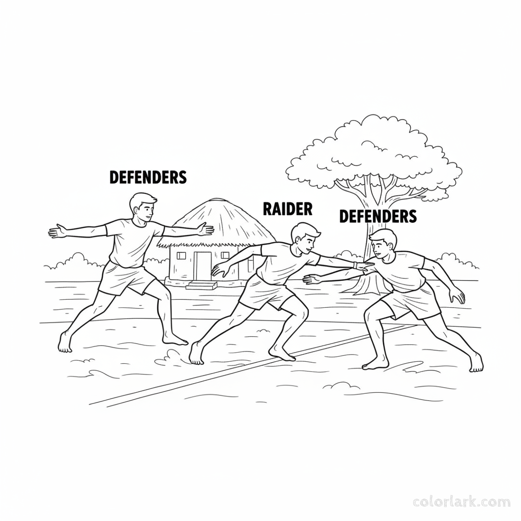Black and white line art of Indian kids playing a dynamic kabaddi match on a dusty mud ground. A raider is reaching for a tag.