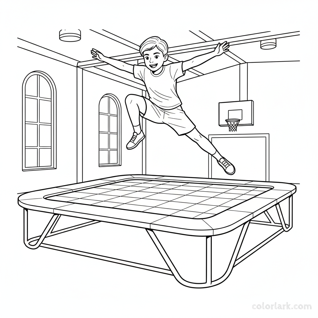 Black and white line art of a child in a dynamic mid-air pose on a large gym trampoline at a kids fitness center.