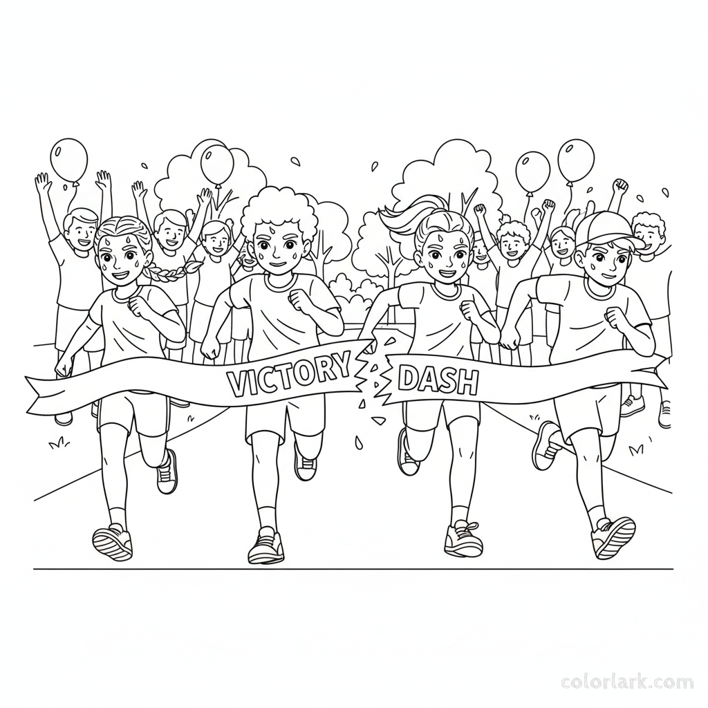 Line art of dynamic young runners sprinting to a finish line with a festive cheering crowd
