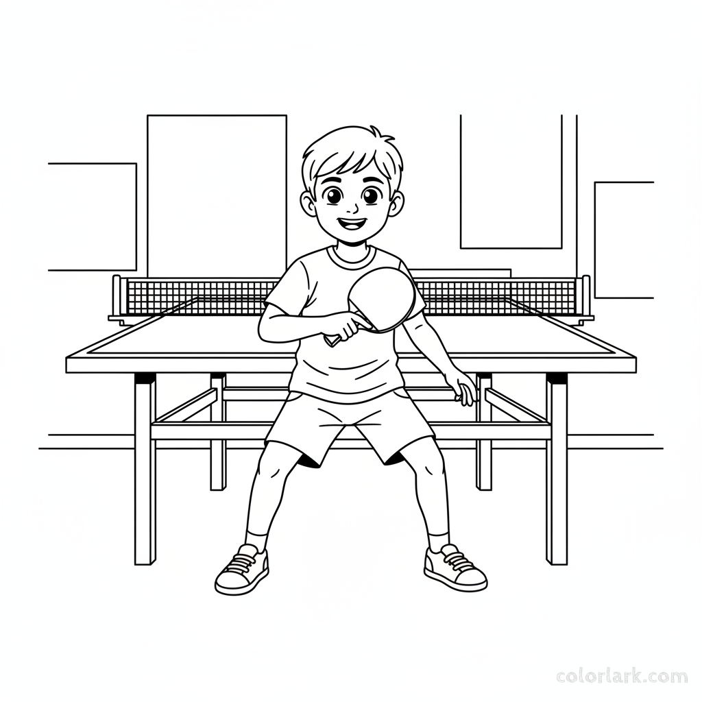 Line art of an eager boy learning forehand defense in table tennis.