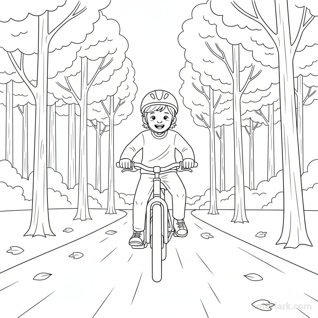 Black and white line art coloring page of an eager child with a helmet, riding a bicycle on a bright woodland path.