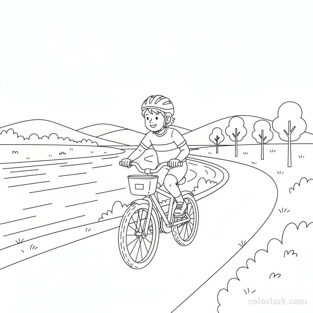 Black and white line art coloring page of an eager child with a helmet, riding a bicycle on a riverside cycling track.