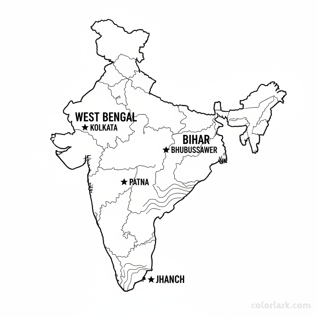 Line art coloring map of East Indian states including West Bengal, Odisha, Bihar, and Jharkhand with their capitals.