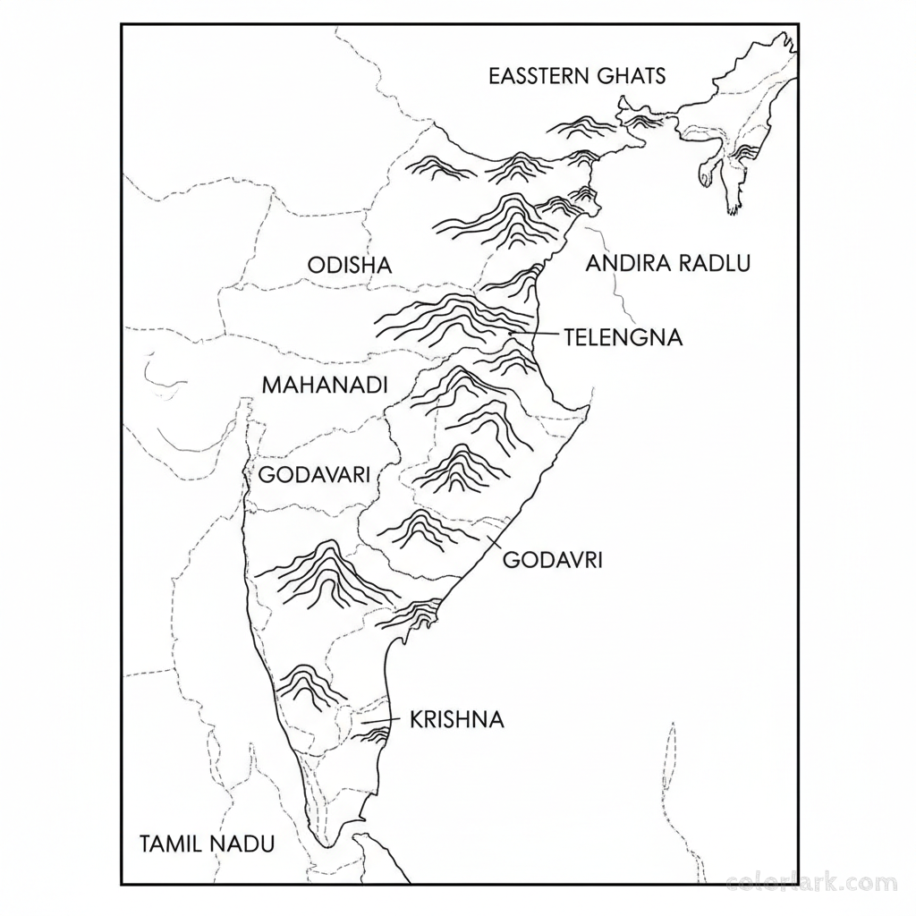 Line art coloring map of the Eastern Ghats mountain range, showing its path through states like Odisha, Andhra Pradesh, and Tamil Nadu.