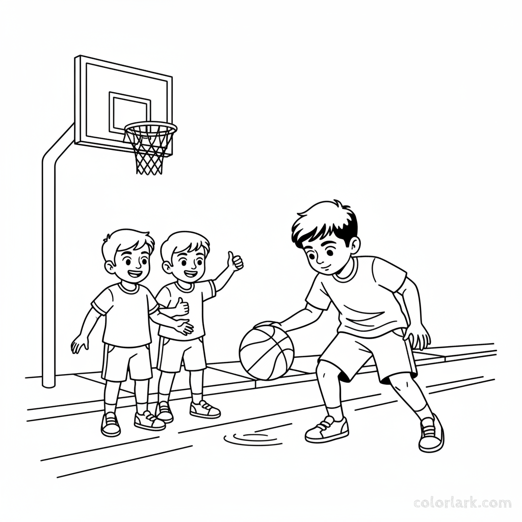 Line art of an Indian child practicing a basketball dribbling drill on the street, with two friends cheering.