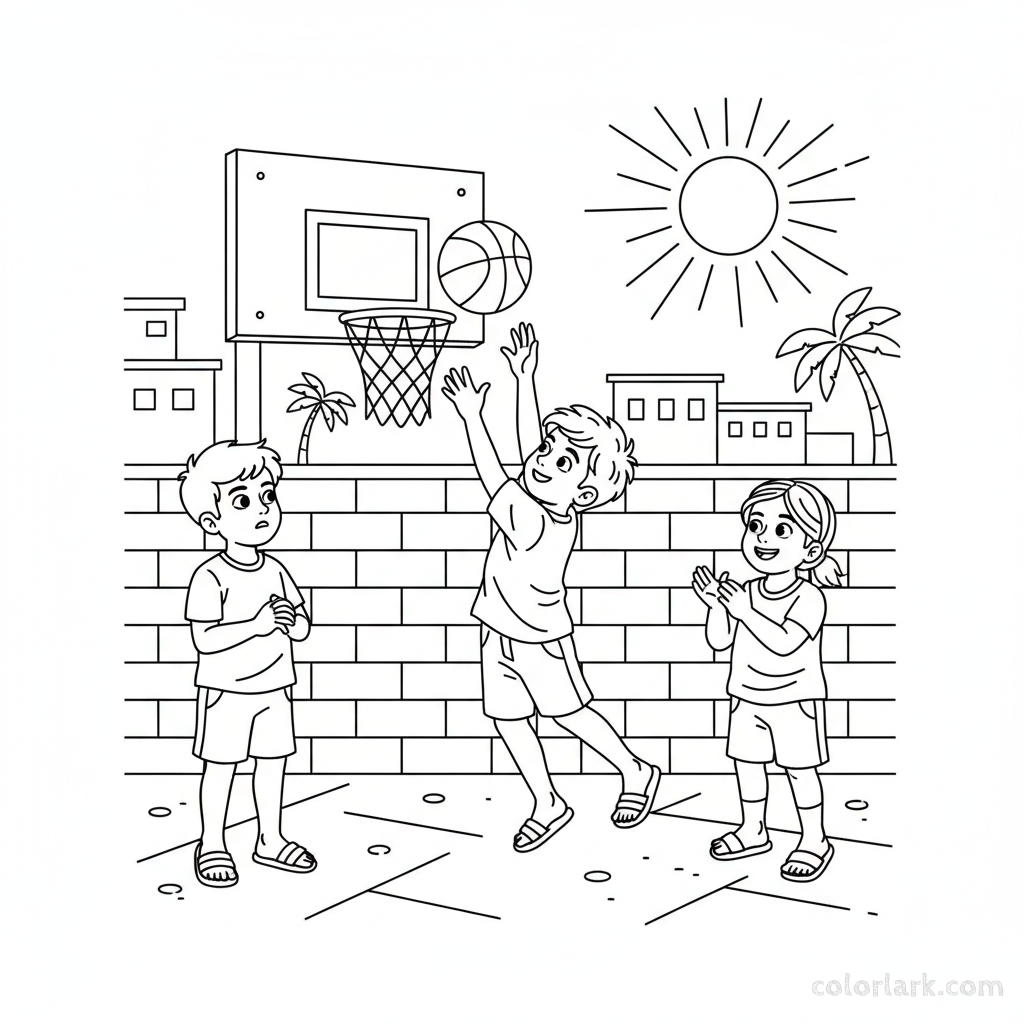 Line art of Indian children playing street basketball, with one making a layup and friends watching.