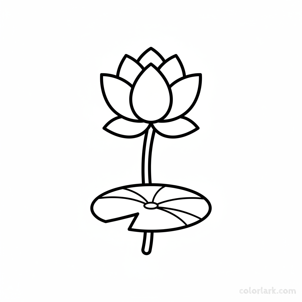 Black and white line art of an easy lotus blossom drawing for preschoolers.