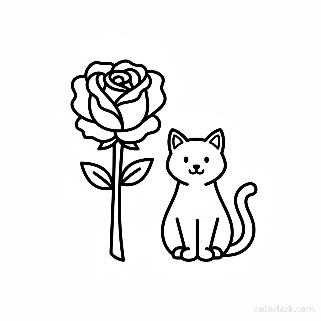 Easy rose and a friendly cat outline coloring page for pet lovers, black and white line art, simple flower and pet drawing.