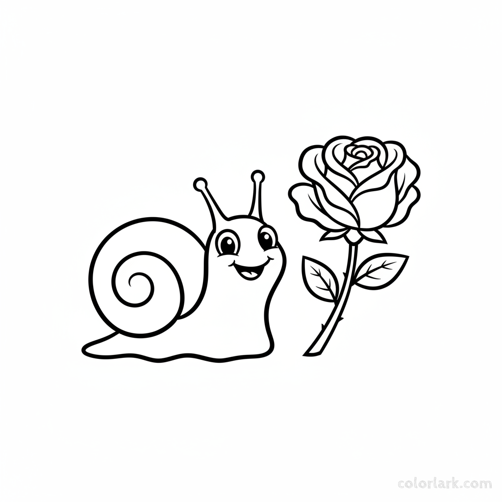 Easy rose and cartoon snail coloring page for toddler fun, black and white line art, simple flower and garden creature.