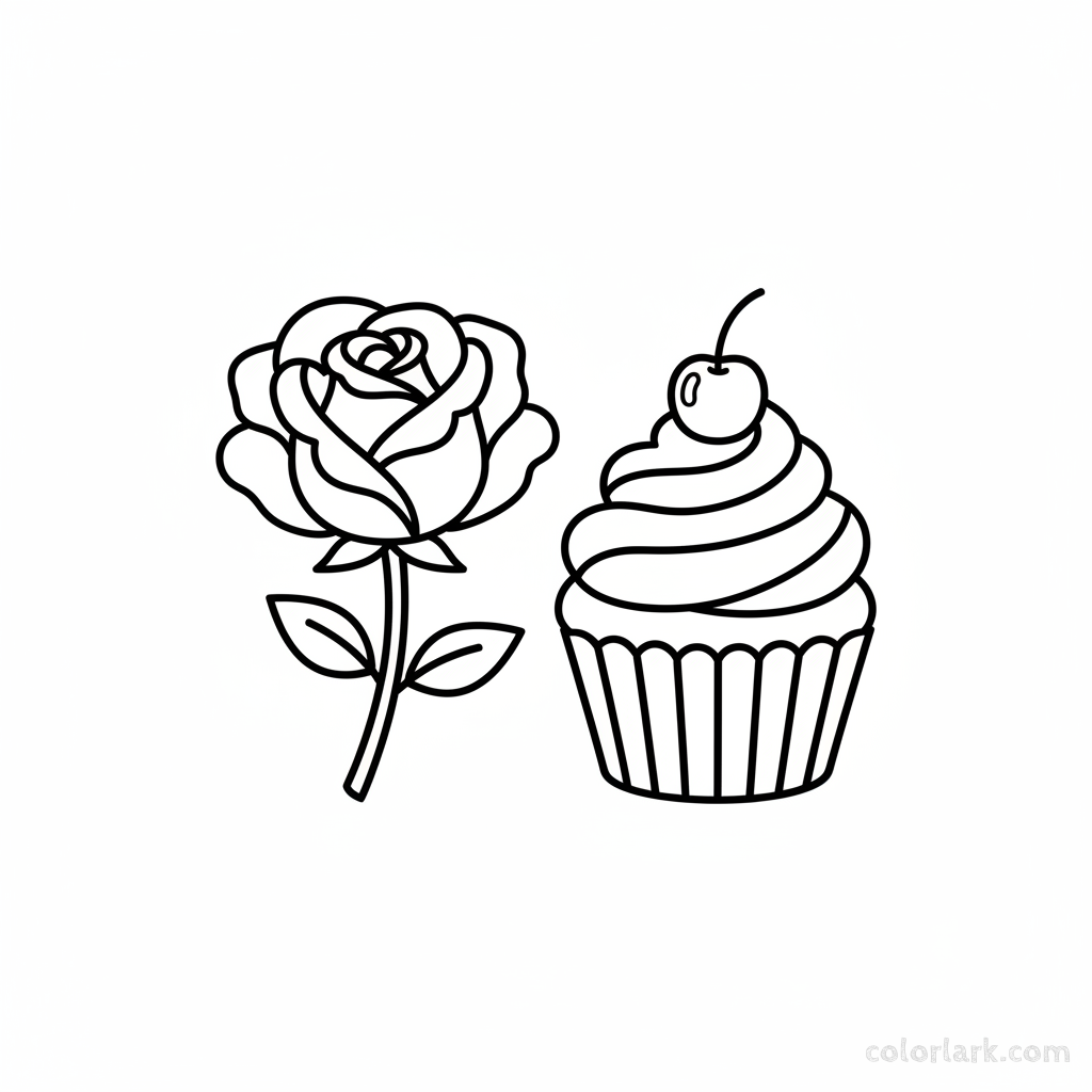 Easy rose and cupcake coloring page for sweet kids, black and white line art, simple flower and dessert drawing.