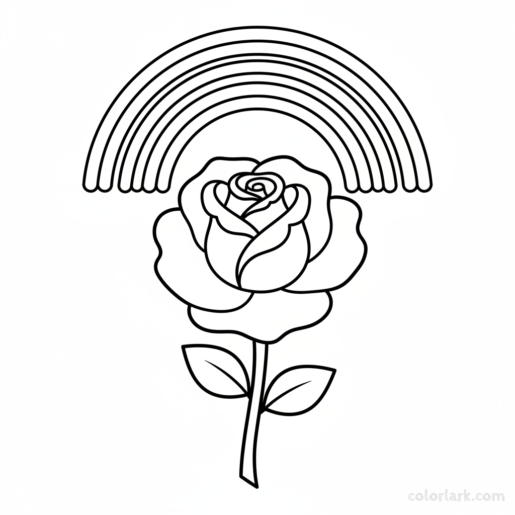 Easy rose and rainbow arch coloring page for children, black and white line art, simple flower and weather drawing.