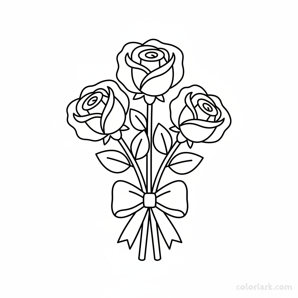 Easy rose bouquet coloring page for young children, black and white line art, simple floral arrangement drawing.