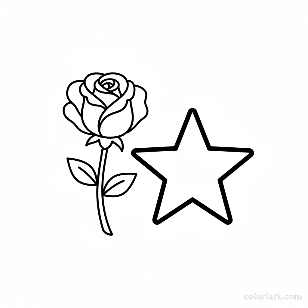 Easy rose outline with a star coloring page for kids, black and white line art, simple flower and star drawing.