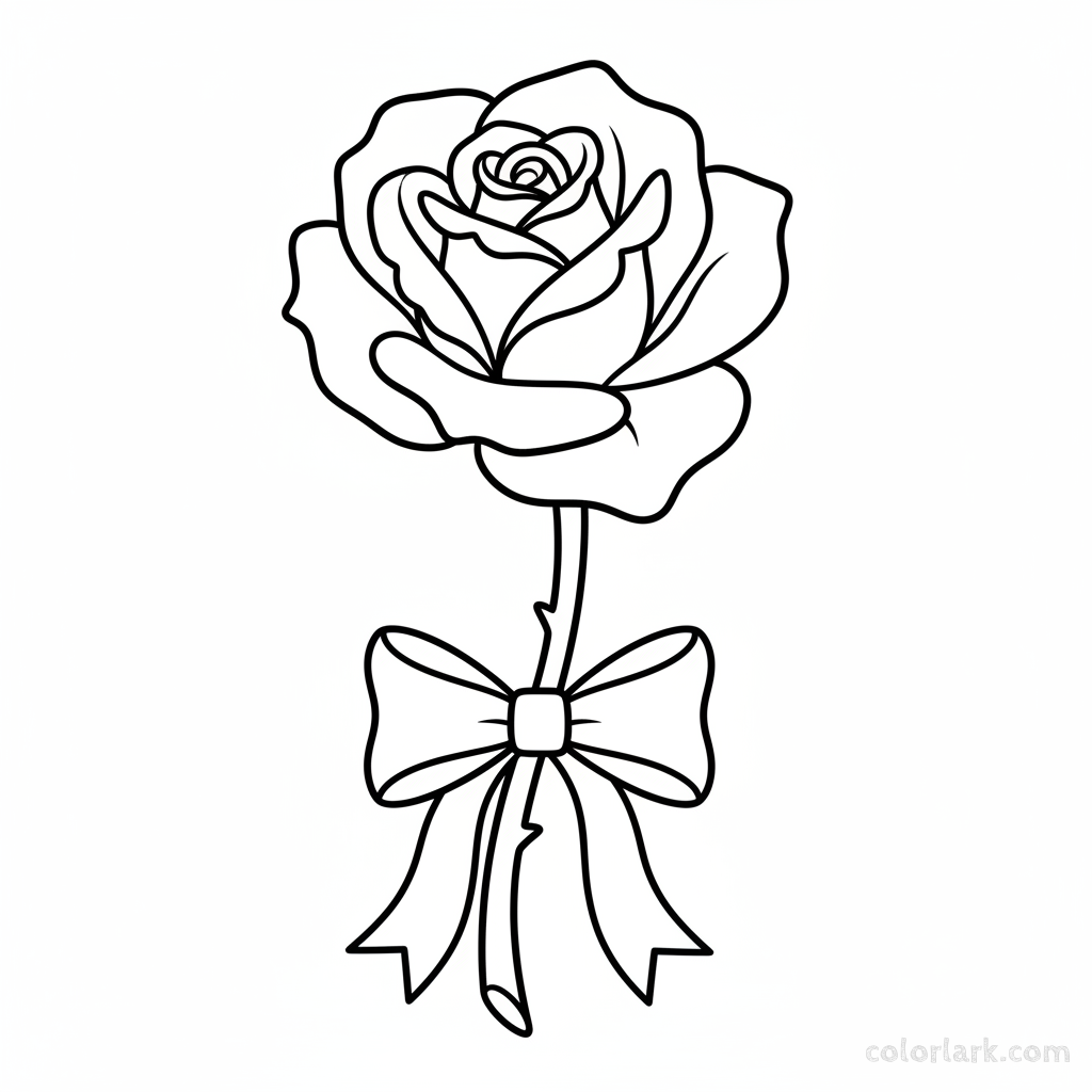 Easy rose with a cute ribbon coloring page for girls, black and white line art, simple floral with bow.