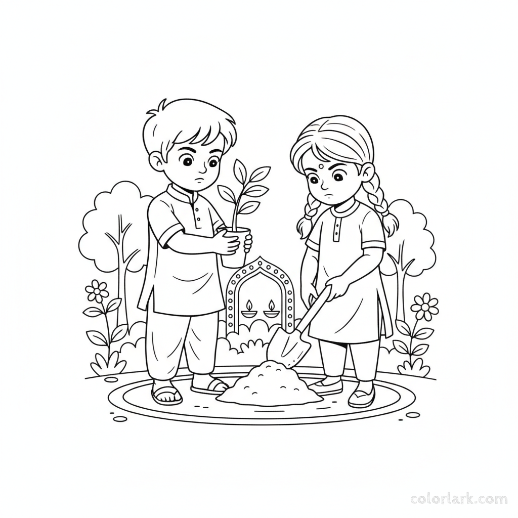 Eco-friendly children carefully planting a small tree on Diwali day, showing environmental consciousness, black-and-white line art