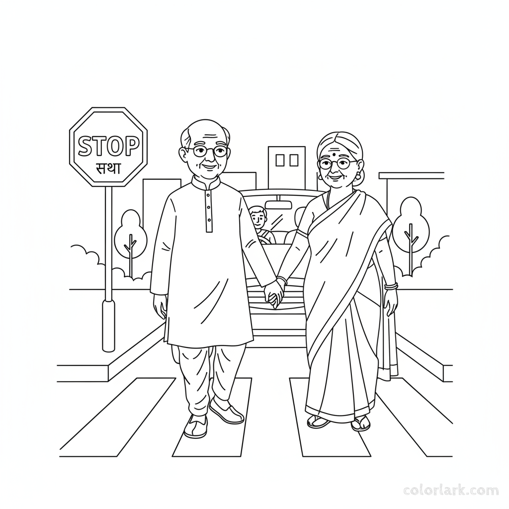 Black and white line art of an elderly Indian couple crossing a street near an Indian stop sign.
