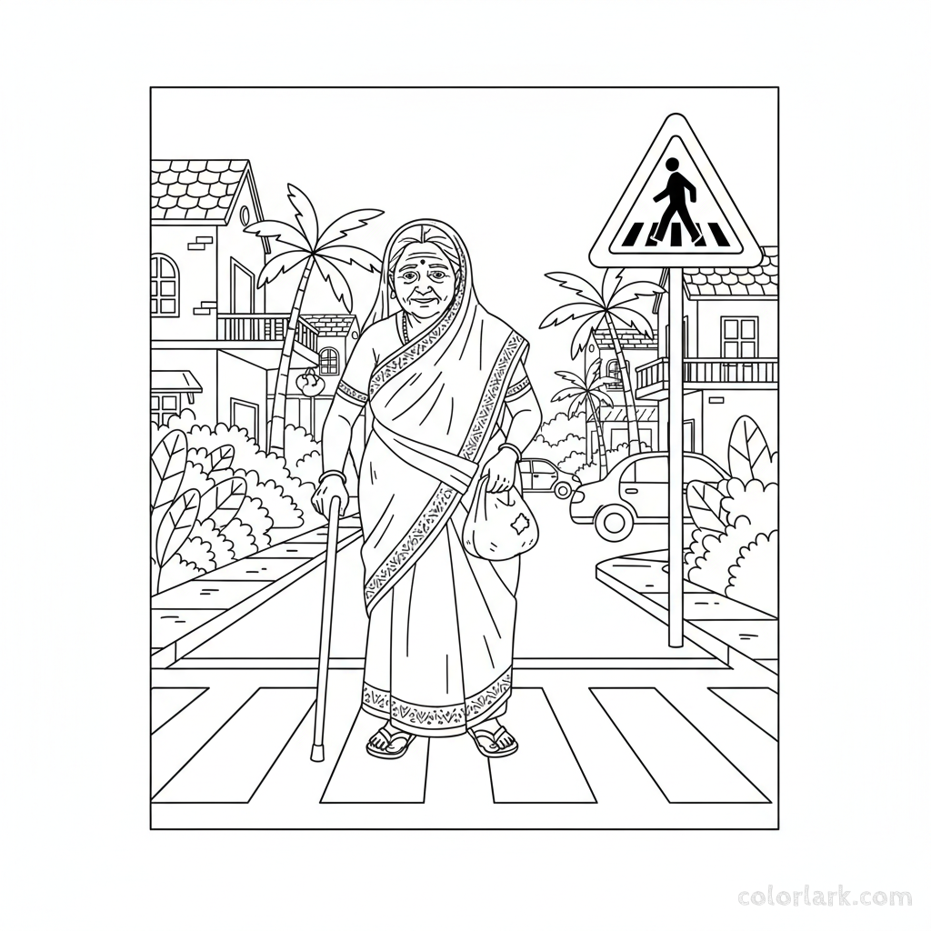 Black and white line art of an elderly Indian woman using a pedestrian crossing with an Indian pedestrian crossing warning sign.