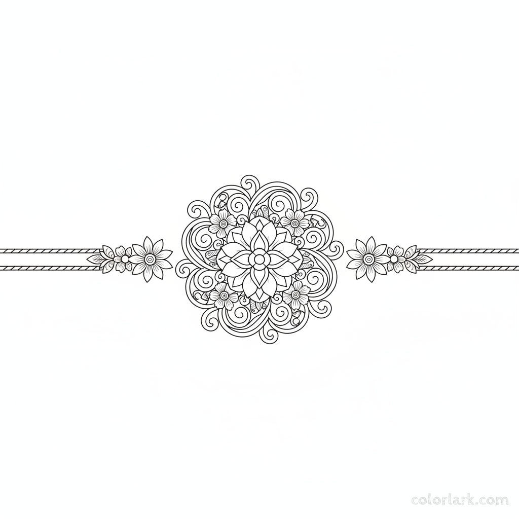 Black and white line art of an elegant floral swirls Rakhi with delicate flowers and flowing vines for graceful coloring.