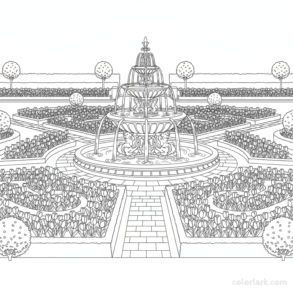 Line art illustration of an elegant fountain surrounded by beds of blooming tulips