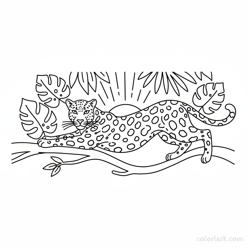 Elegant Indian leopard stretching in morning sun coloring page.