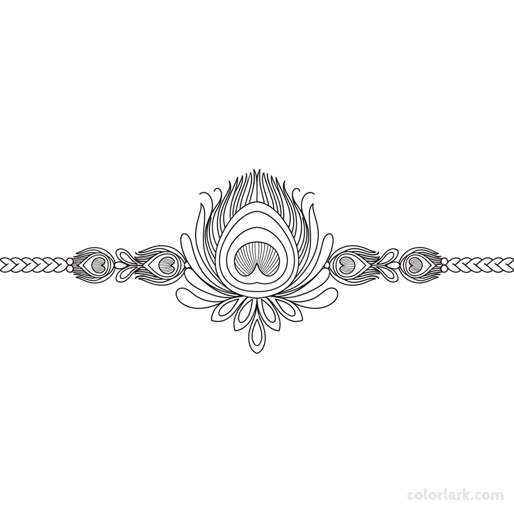Black and white line art of an elegant peacock feather 'eye' Rakhi with intricate concentric shapes and fine lines for coloring.