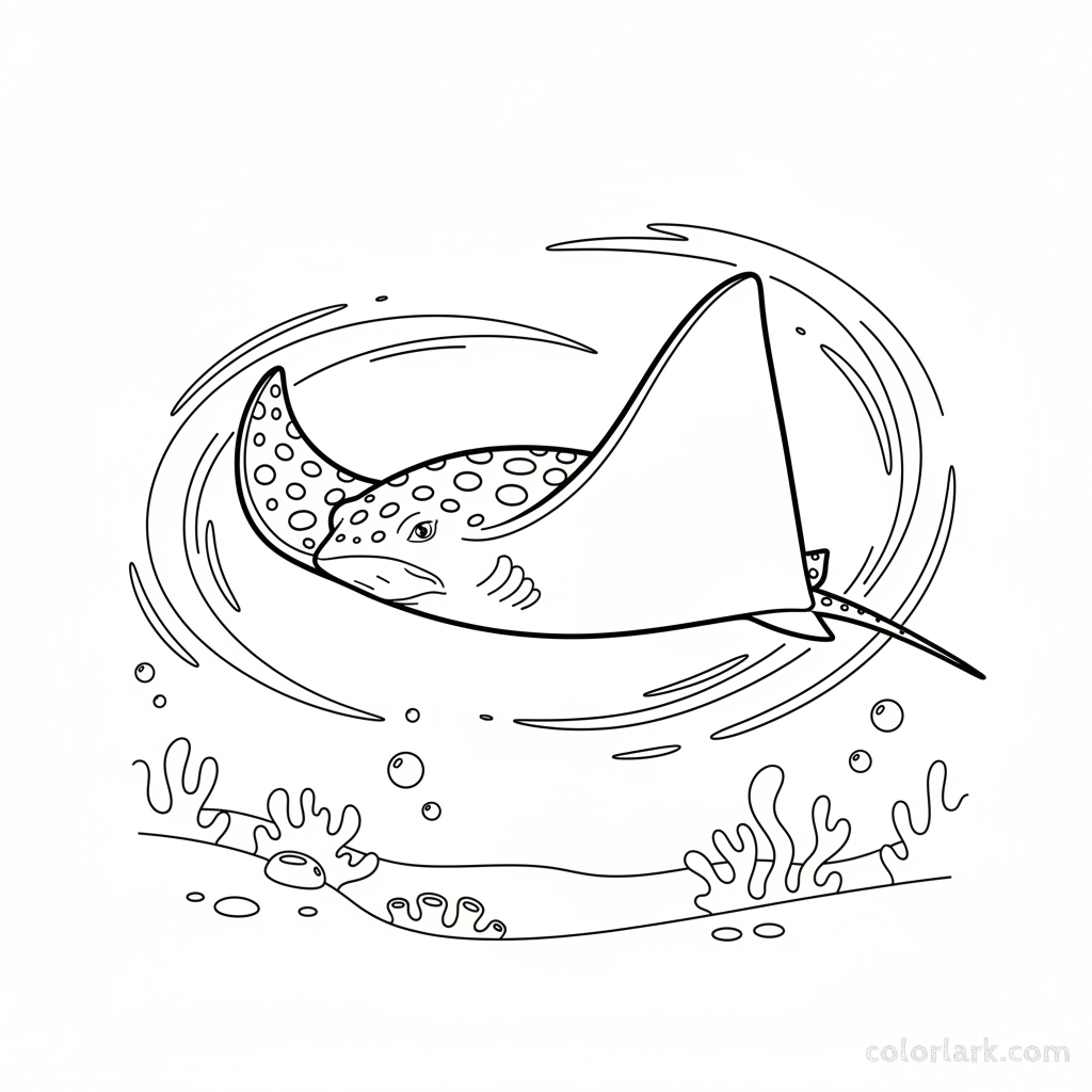 Black and white line art of an elegant spotted eagle ray gliding gracefully in a serene underwater scene, ready for coloring.